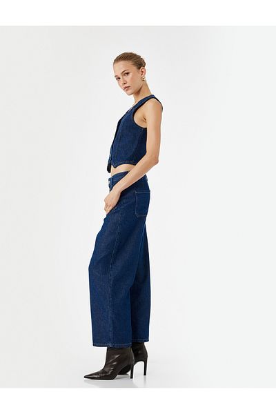 Koton Regular Leg Button High Waist Cotton Wide Leg Crop Jeans - Wide Leg Jeans