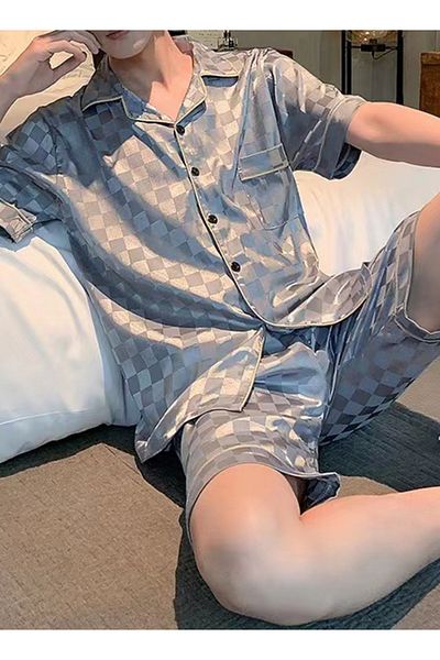 ROAISS 3-Piece Set Men's Short Sleeves Pajamas Pants Trousers Sleepwear Sets Satin Grid Printing Silk Night