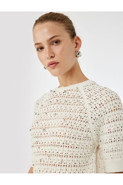Koton Short Sleeve Crew Neck Beaded Openwork Knit Sweater