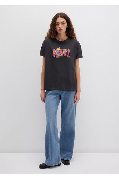 Mavi Cat Logo Printed Anthracite T-Shirt Loose Fit / Loose Relaxed Cut 1613285 -70087