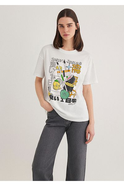 Mavi Weißes T-Shirt mit Sushi-Aufdruck, lockere Passform / lockere, entspannte Passform 1613052 -70057