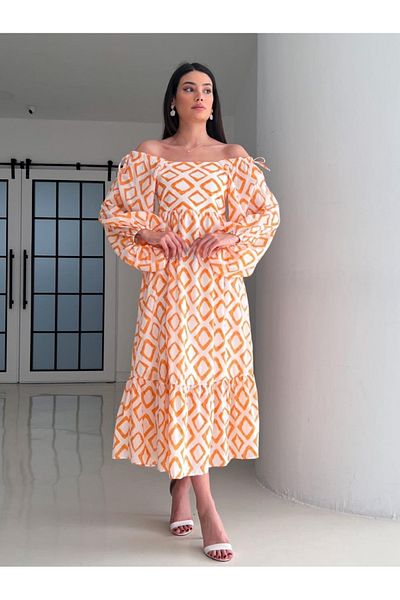 My Blog Orange Balloon Sleeve Patterned Dress - 2906