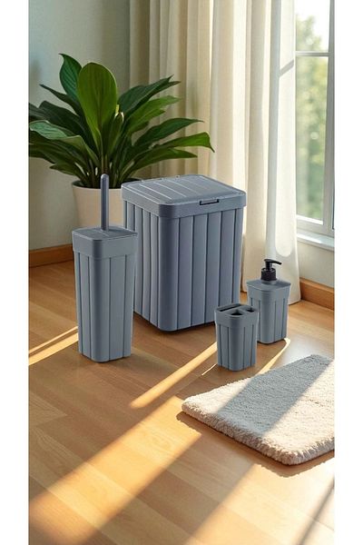 Herza House 4-Piece Bathroom Set - Bas Open Lid Trash Can (10 L) - Wc Brush Holder - Toothbrush Holder - Liquid Soap Dispenser