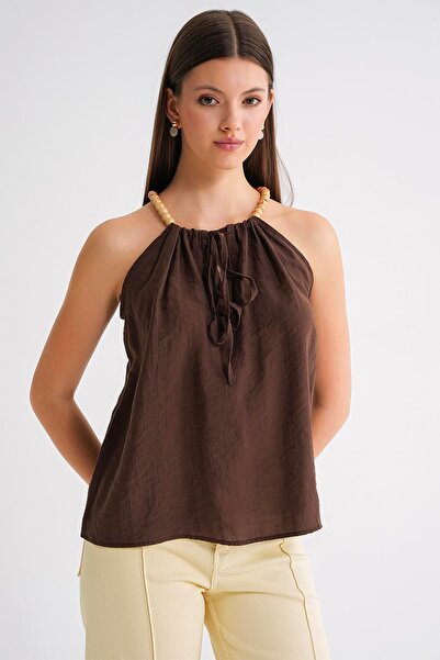 Mixray 4664 Γυναικεία μπλούζα με λουράκι με χάντρες καφέ