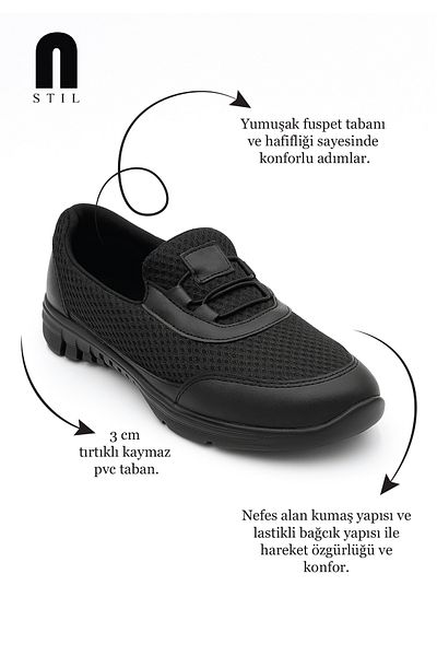 Nstil Pantofi sport negri pentru femei de zi cu zi, cu șireturi din cauciuc, plasă, respirabil, confortabil, cu talpă anti-alunecare, pantofi 3005