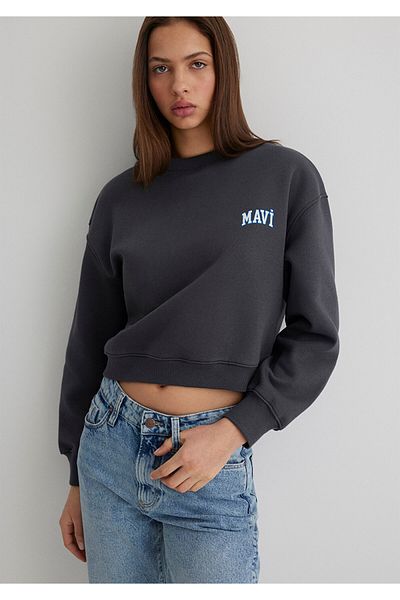 Mavi Logo Printed Anthracite Crop Sweatshirt 1611601 -70763