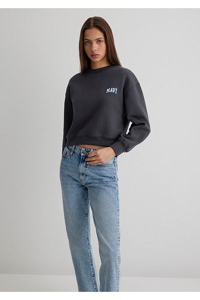 Mavi Logo Printed Anthracite Crop Sweatshirt 1611601 -70763