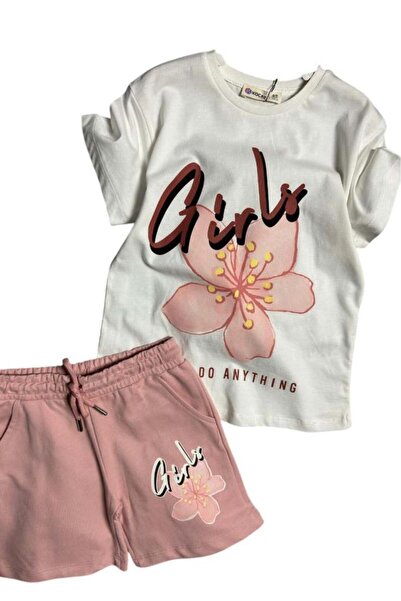 Riccotarz Girl's Flower and Girl Text Printed Combed Cotton T-Shirt Powder Shorts Set
