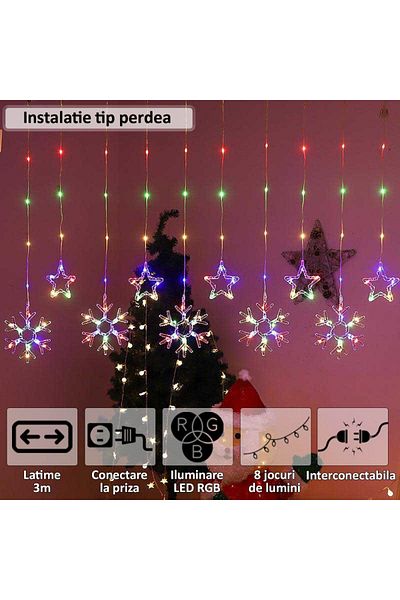 NEXTLY Instalatie De Craciun Tip Perdea , Interconectabila, Lumini Led Rgb, 8 Jocuri De Lumini, 3