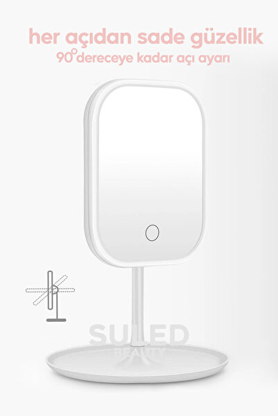 SULED Led Işıklı Makyaj Aynası 3 Modlu Usb Şarjlı Beyaz Dikdörtgen Taşınabilir Açı Ayarlı Güzellik Ayna