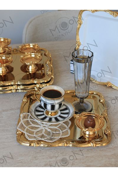 Moon Dizayn 6 Piece Presentation Set for 2 People Presentation Napkin Turkish Delight Bowl Gold Tray Casting Gold Rose Framed