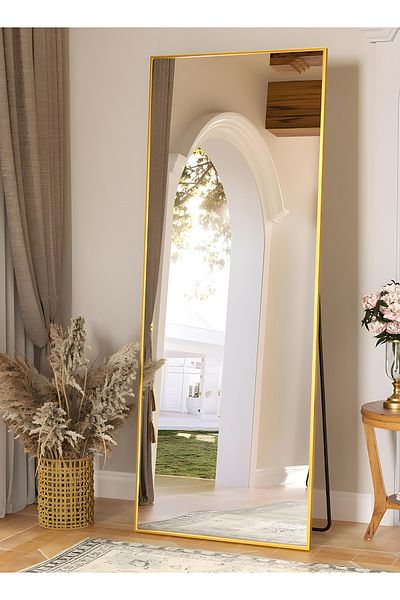 Taimi Large Mirror With Elegant Design 160x50 Cm-full Length Mirror With Gold Metal Frame And Back Stand