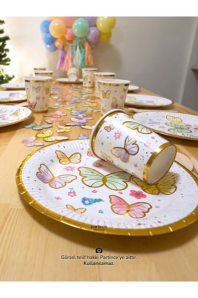 partince Σετ πάρτι 8 ατόμων Macaron Gold Gilded Butterfly Σετ πάρτι από χαρτόνι πιατάκι-ποτήρι-πιρούνι κουτάλι μαχαίρι