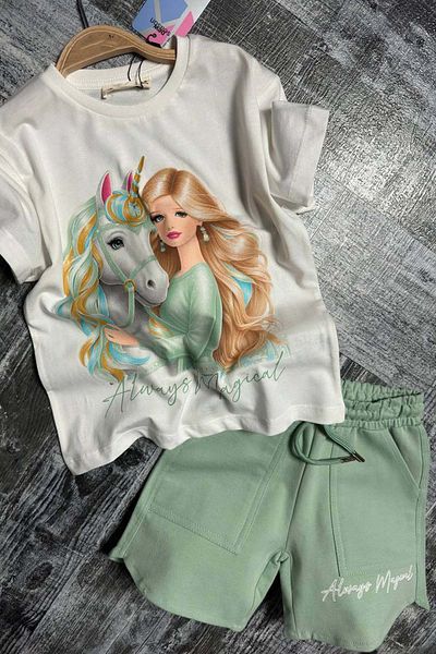 Riccotarz Girl's Digital Baby and Horse Printed Combed Cotton T-Shirt Green Shorts Set