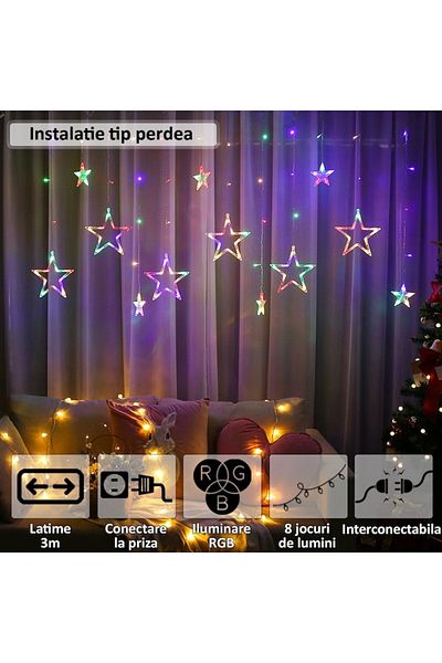 NEXTLY Instalatie De Craciun Tip Perdea , Interconectabila, Lumini Led Rgb, 8 Jocuri De Lumini, 3