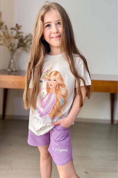 Riccotarz Girl's Digital Baby and Horse Printed Combed Cotton T-Shirt Lilac Shorts Set