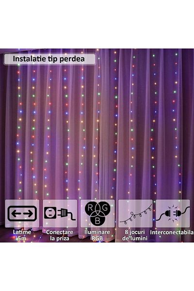 NEXTLY Instalatie De Craciun Tip Perdea , Interconectabila, Lumini Led Rgb, 8 Jocuri De Lumini