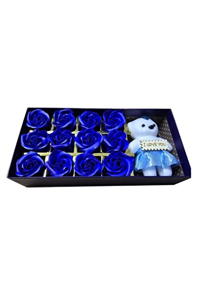 NEXTLY Ursulet Cu 12 Trandafiri Din Sapun Parfumati , Cutie Inclusa, Albastru