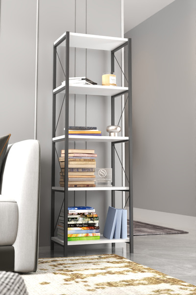 DizaynMotion 150cm Dar Dekoratif Raf Kütüphane Salon Ofis Dolabı Beyaz