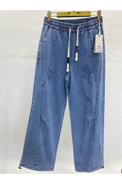 LADYDUİN Paça -Bel Lastik Detaylı Yazlık İnce Büyük Beden Kadın Jean