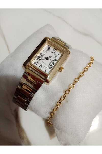 Brality ساعة يد نسائية من سلسلة Retro Special Series Minimal Vintage Steel Gold Silver Cord مستطيلة الشكل باللون الذهبي 0111