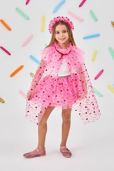 Le Mabelle Pink Flock Heart Printed Girl's Cape, Staff and Crown Set