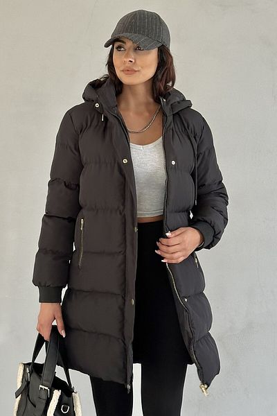 moda armanc Women's Black Long Puffer Coat - Hooded, Gold Detailed