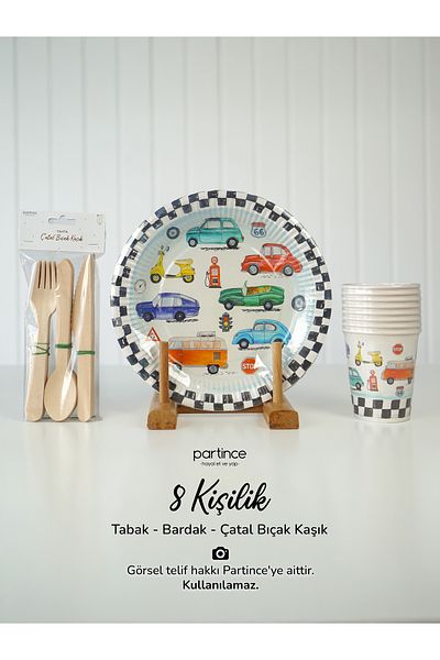 partince 8 Personality Classic Cars Θέμα Μίας χρήσης Χάρτινο Πιάτο-Ποτήρι-Πιρούνι Κουτάλι-Μαχαίρι-Σετ πάρτι 3 τεμαχίων