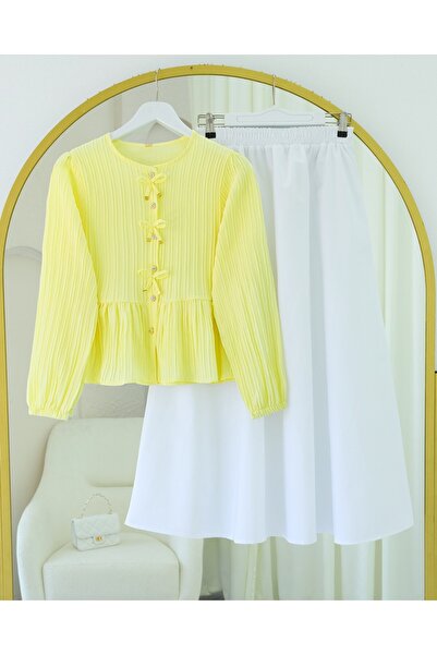 Modamorfo Buttoned Sleeve Elastic Blouse with Bow Detail on the Front - Light Yellow