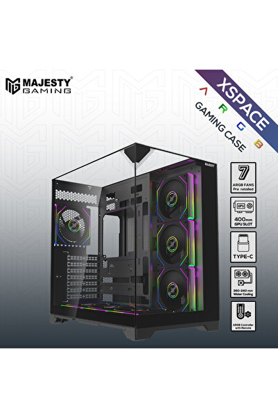 majesty كيس كمبيوتر X-space بـ7 مراوح Argb وزجاج مقسى، يدعم Atx ومنافذ Type-c وusb 3.0 – أسود.