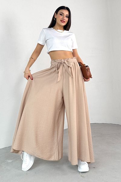 Cappmoda Pnt-07410 Stone Color Woven Belted Shalwar Skirt Trousers