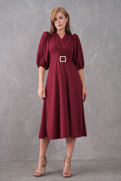 bayansepeti Women's Stretchy Crepe Fabric Short Balloon Sleeve V-Neck Belted Midi Length Flared Cut Burgundy Dress 3602