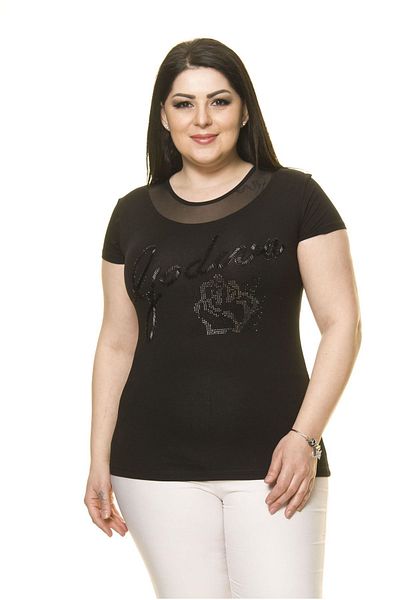 Moday Women's Large Size Black Stone Embroidered Tulle Detailed Body 15e-70007