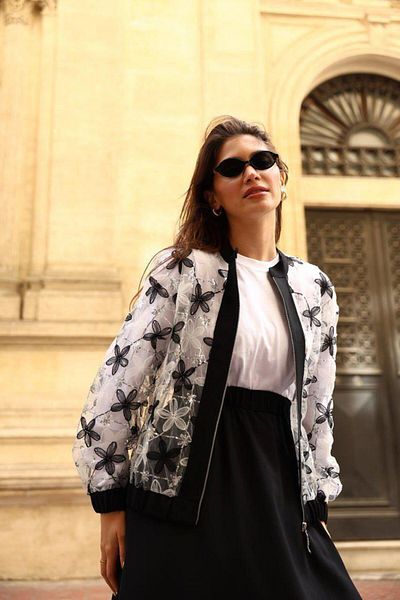 Cardella Triple Stylish Set with Sequin and Tulle Flower Detail Jacket and Crepe Skirt