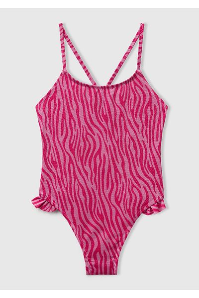 United Colors of Benetton Girl's Fuchsia Glitter Patterned Ruffle Detailed Cross Strap Swimsuit