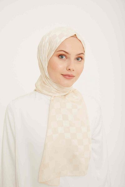 Armine Trend Jacquard Cream Checkerboard Pattern Diamond Shawl 2-23002