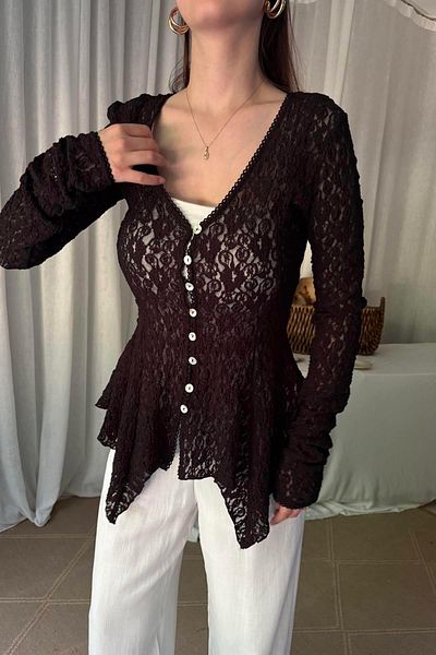lizge giyim Buttoned Peplum Lace Cardigan