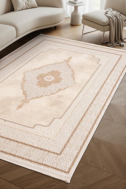 Cotto Home Crown CR004K Krem Halı Klasik Çerçeveli Detaylı Pamuk Taban Akrili...