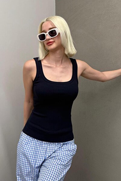 Madmext Navy Blue Ribbed Look Basic Tank Top with Straps Mg2057