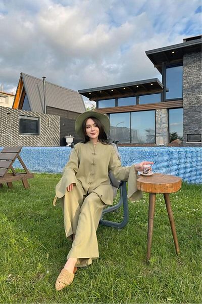 Cardella Women's Flywheel Sleeve Chinese Button Linen Jacket Pants Two-Piece Suit