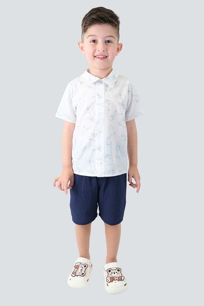 ÇİTİL Baby Boy Navy Blue Muslin Wrap Shorts and White Linen Shirt