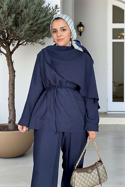 Aselim Hijap Moda مجموعة ميموزا المزدوجة Efil Efil الصيفية باللون الأزرق الداكن