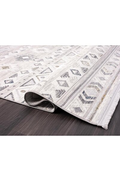 Cotto Home Loya LY001G Gri Halı Etnik Desen Tozu Yok Pamuk Taban Salon Halısı...