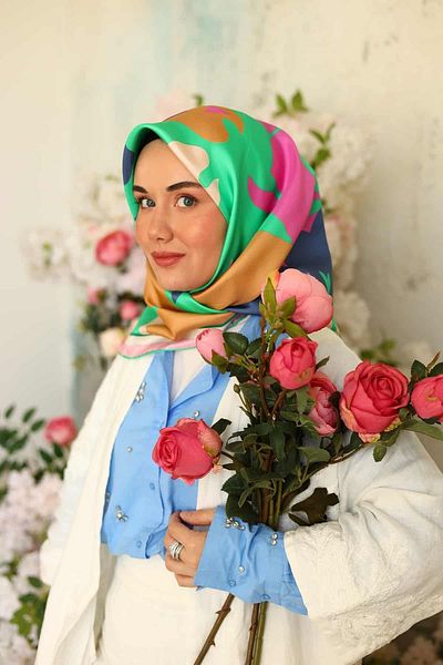 Silk Home Πράσινο ροζ μικτό μοτίβο Tivil μεταξωτό φουλάρι 11425-03
