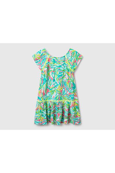 United Colors of Benetton Girl's Green 100% Viscose Patterned Loose Cut Dress with Tape Detail on the Back