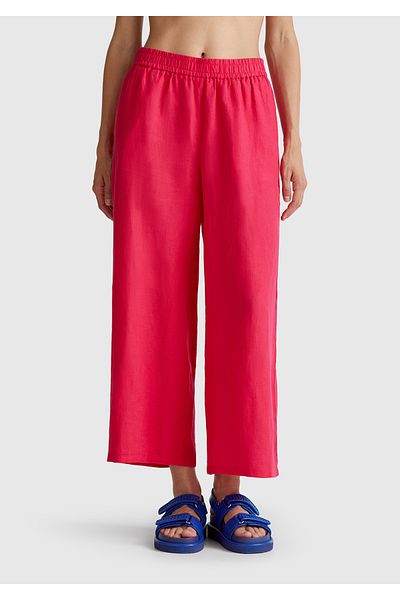United Colors of Benetton Women's Fuchsia 100% Linen Loose Short Leg Trousers with Elastic Waist