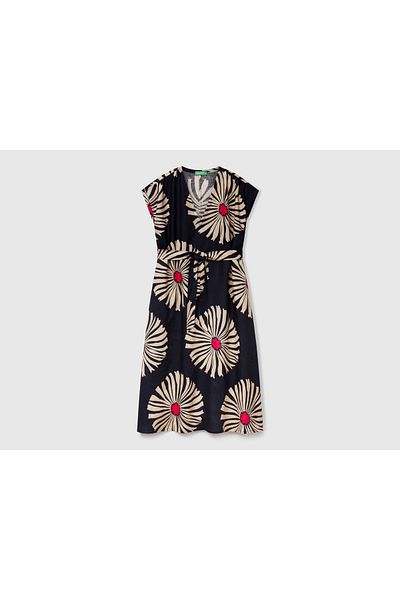 United Colors of Benetton Women's Navy Blue 100% Linen Patterned V-Neck Pocket Long Dress
