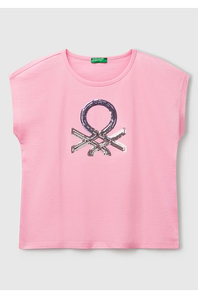 United Colors of Benetton Tricou roz pentru fete cu sigla Benetton imprimat