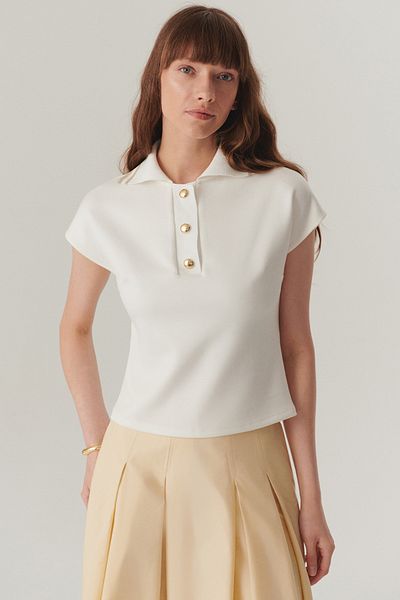 Exquise Ecru Button Detailed Polo Neck Regular Knitted T-Shirt