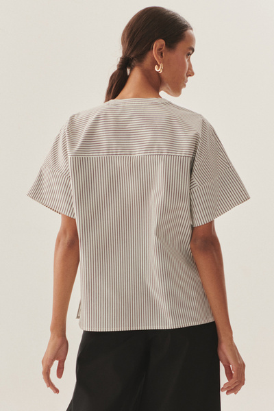 Exquise Kuşgözü Bağcık Detaylı Rahat Kesim Çizgili Bluz